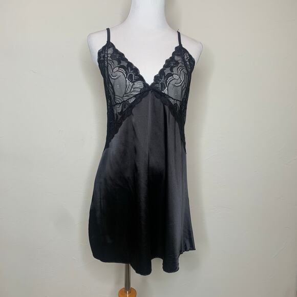 Black Satin and Lace AvidLove XXL Slip Neglige Dress - Picture 1 of 8
